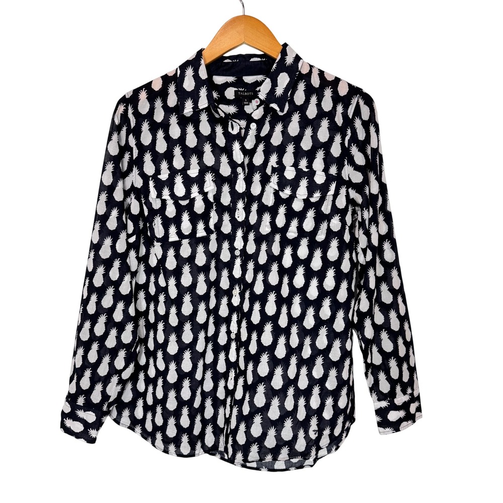 Talbots Button Down Women S Navy Pineapple Print Long Sleeve Cotton Blouse Top - Picture 1 of 9